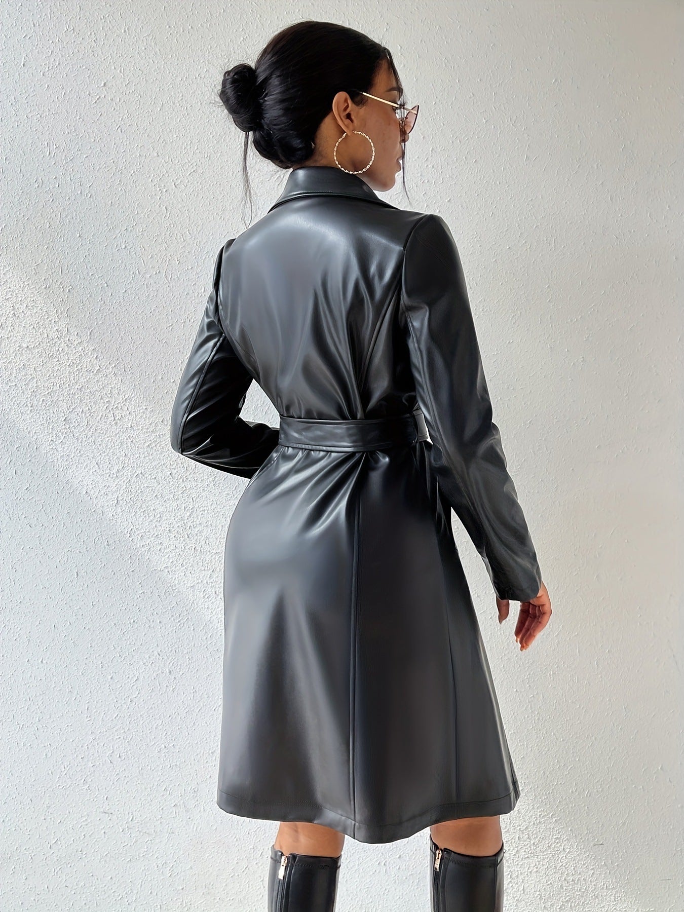 Long Sleeve Lapel PU Leather Jacket With Pockets Slim