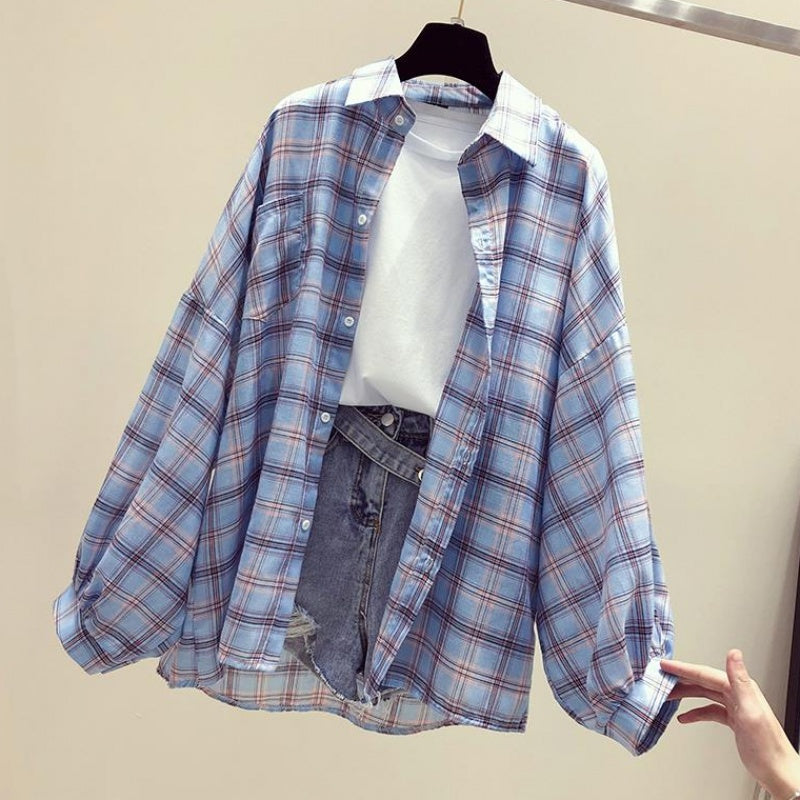 Women'S Loose Retro Sunscreen Plaid Shirt