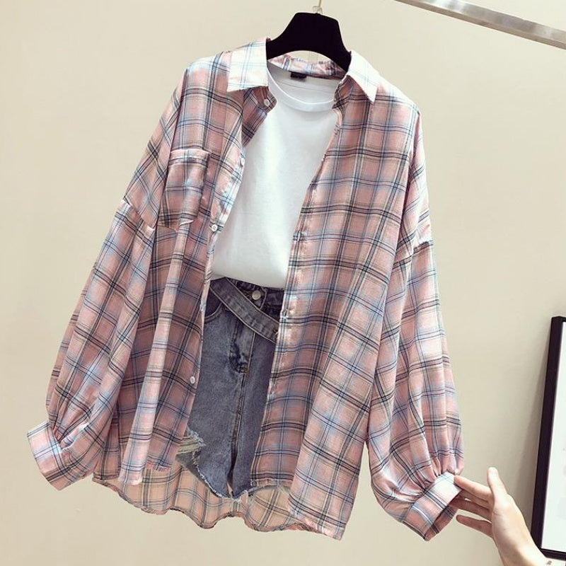 Women'S Loose Retro Sunscreen Plaid Shirt