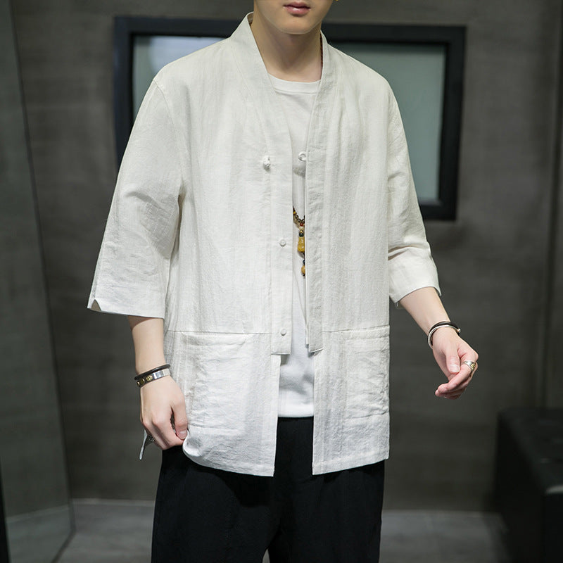 Chinese Style Men's Linen Shirt Chinese Tang Suit Cotton And Linen Men's Three-Quarter Sleeve Shirt Summer Retro Stand Collar Top