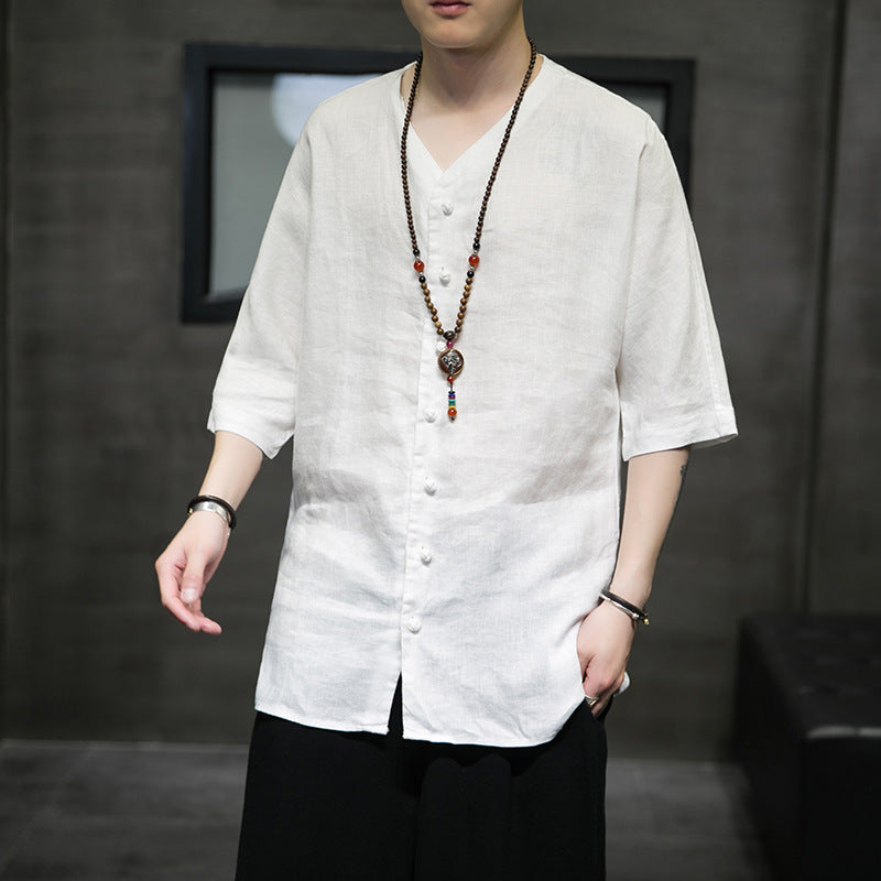Chinese Style Men's Linen Shirt Chinese Tang Suit Cotton And Linen Men's Three-Quarter Sleeve Shirt Summer Retro Stand Collar Top