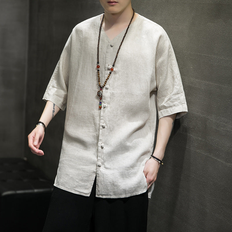 Chinese Style Men's Linen Shirt Chinese Tang Suit Cotton And Linen Men's Three-Quarter Sleeve Shirt Summer Retro Stand Collar Top