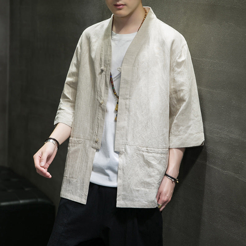 Chinese Style Men's Linen Shirt Chinese Tang Suit Cotton And Linen Men's Three-Quarter Sleeve Shirt Summer Retro Stand Collar Top
