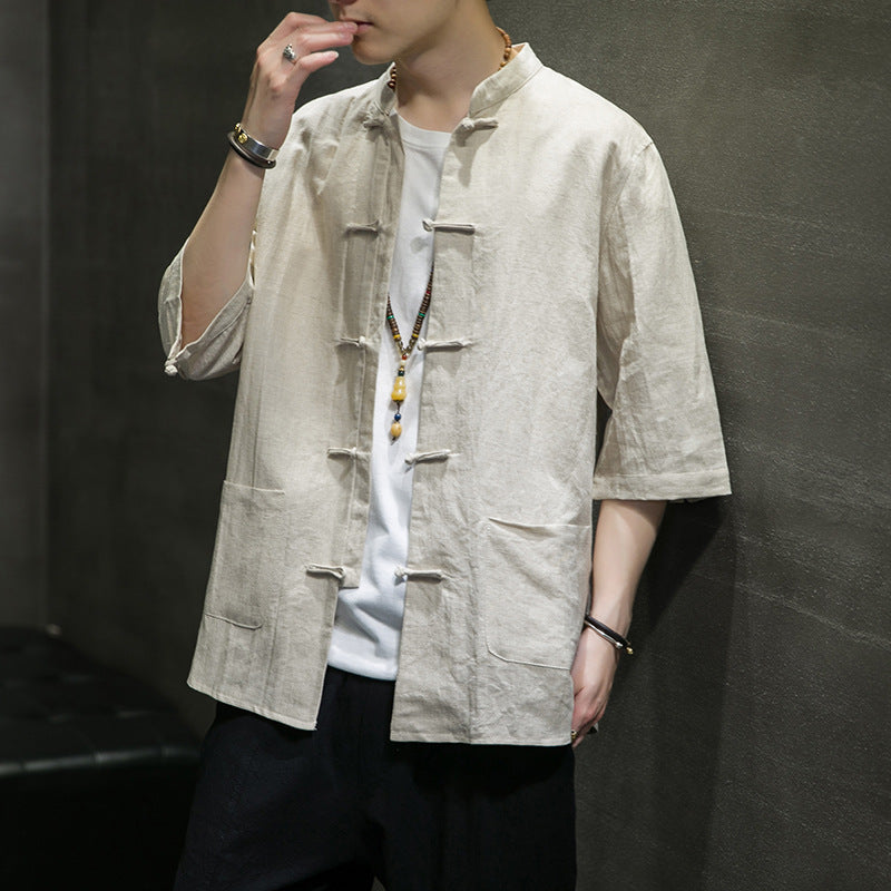 Chinese Style Men's Linen Shirt Chinese Tang Suit Cotton And Linen Men's Three-Quarter Sleeve Shirt Summer Retro Stand Collar Top