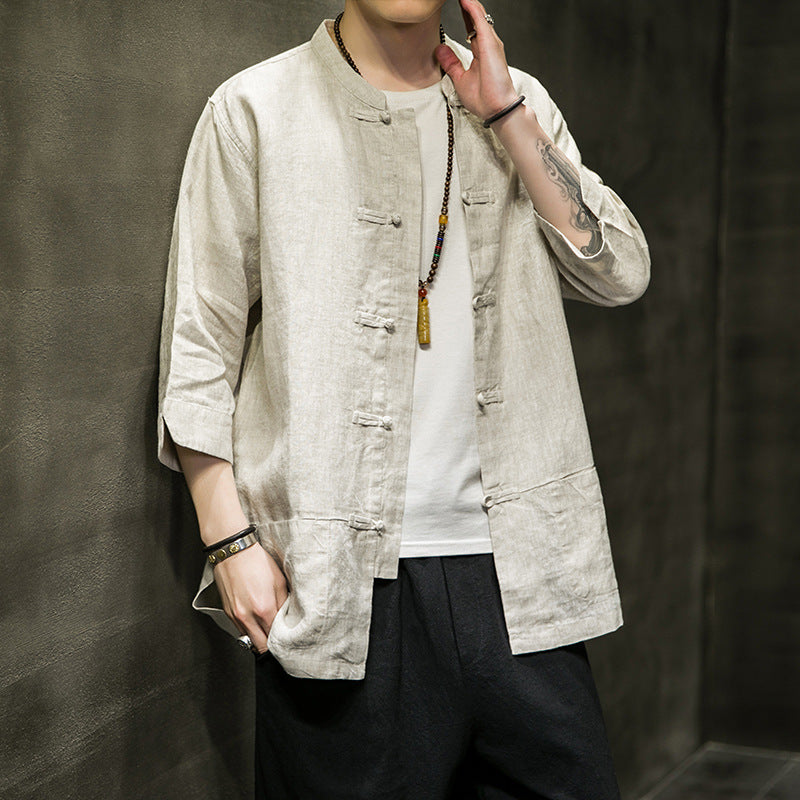 Chinese Style Men's Linen Shirt Chinese Tang Suit Cotton And Linen Men's Three-Quarter Sleeve Shirt Summer Retro Stand Collar Top