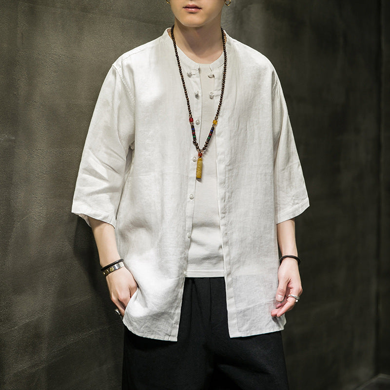 Chinese Style Men's Linen Shirt Chinese Tang Suit Cotton And Linen Men's Three-Quarter Sleeve Shirt Summer Retro Stand Collar Top