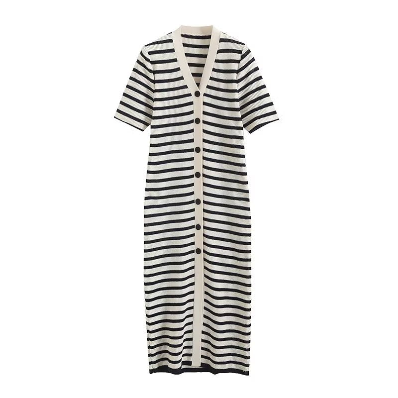 Striped Comfortable Button Decoration V-neck Mid-length Dress