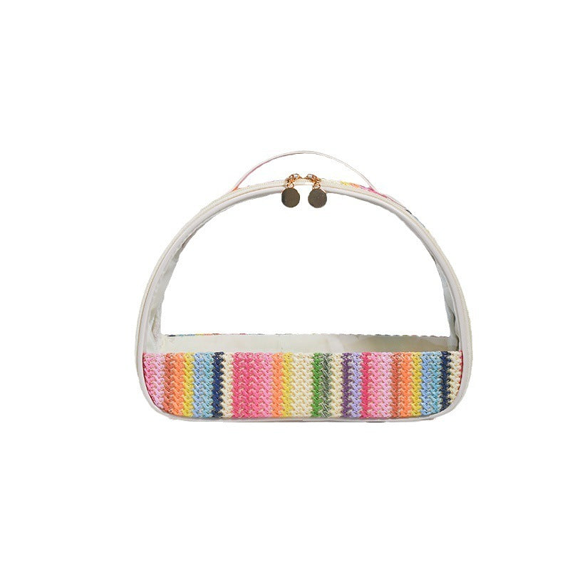 Straw Woven Transparent PVC Semicircle Cosmetic Bag Waterproof Rainbow Woven Toiletries Storage Bag