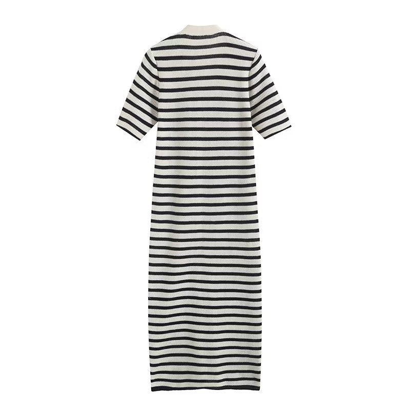 Striped Comfortable Button Decoration V-neck Mid-length Dress