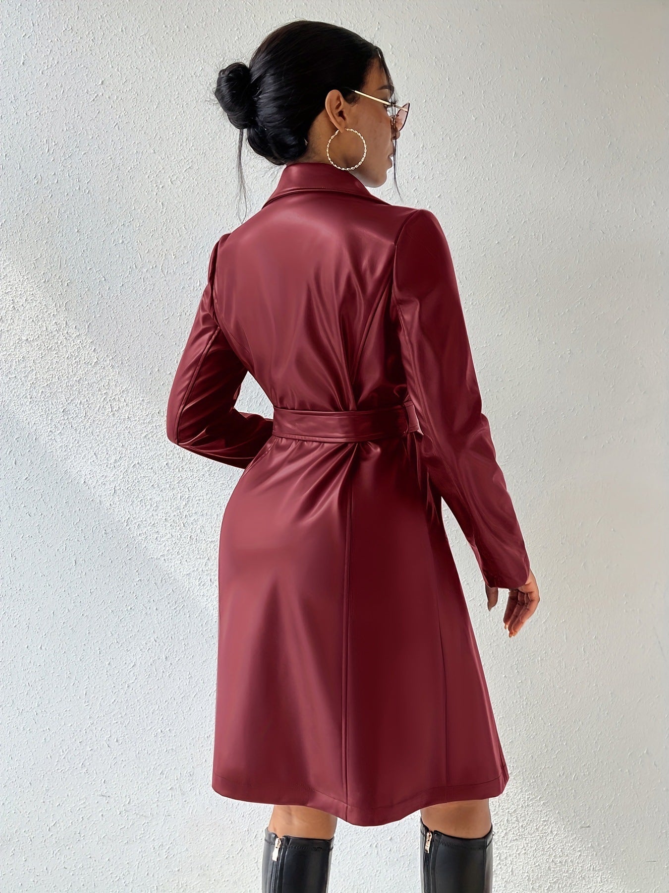 Long Sleeve Lapel PU Leather Jacket With Pockets Slim