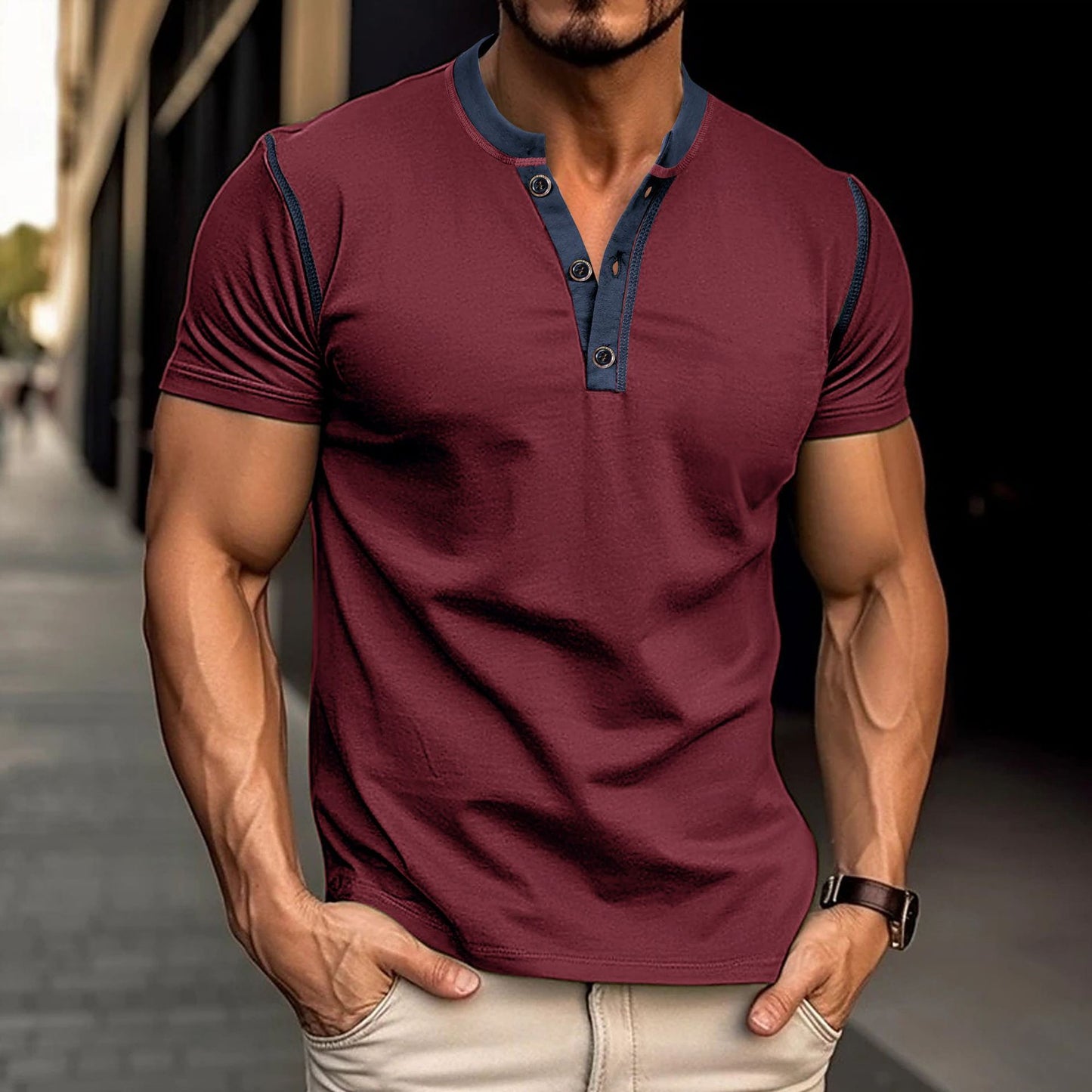 Short-sleeved Polo Shirt Summer Button V-neck T-shirt Tops Mens Clothing
