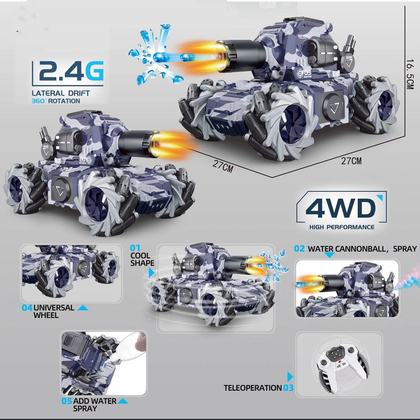 Remote Control Tank Fire-breathing Water Bomb Camouflage Chariot Toy