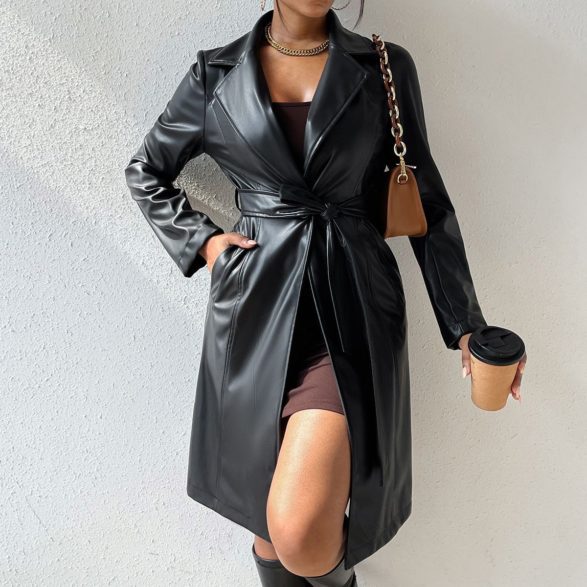 Long Sleeve Lapel PU Leather Jacket With Pockets Slim