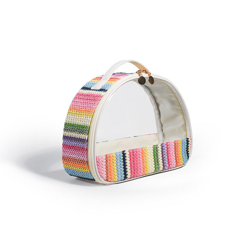 Straw Woven Transparent PVC Semicircle Cosmetic Bag Waterproof Rainbow Woven Toiletries Storage Bag