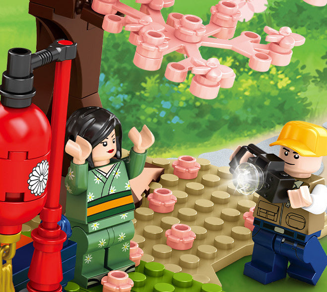 Street View Cherry Blossom Pavilion Building Model Decoration Small Particle Blocks