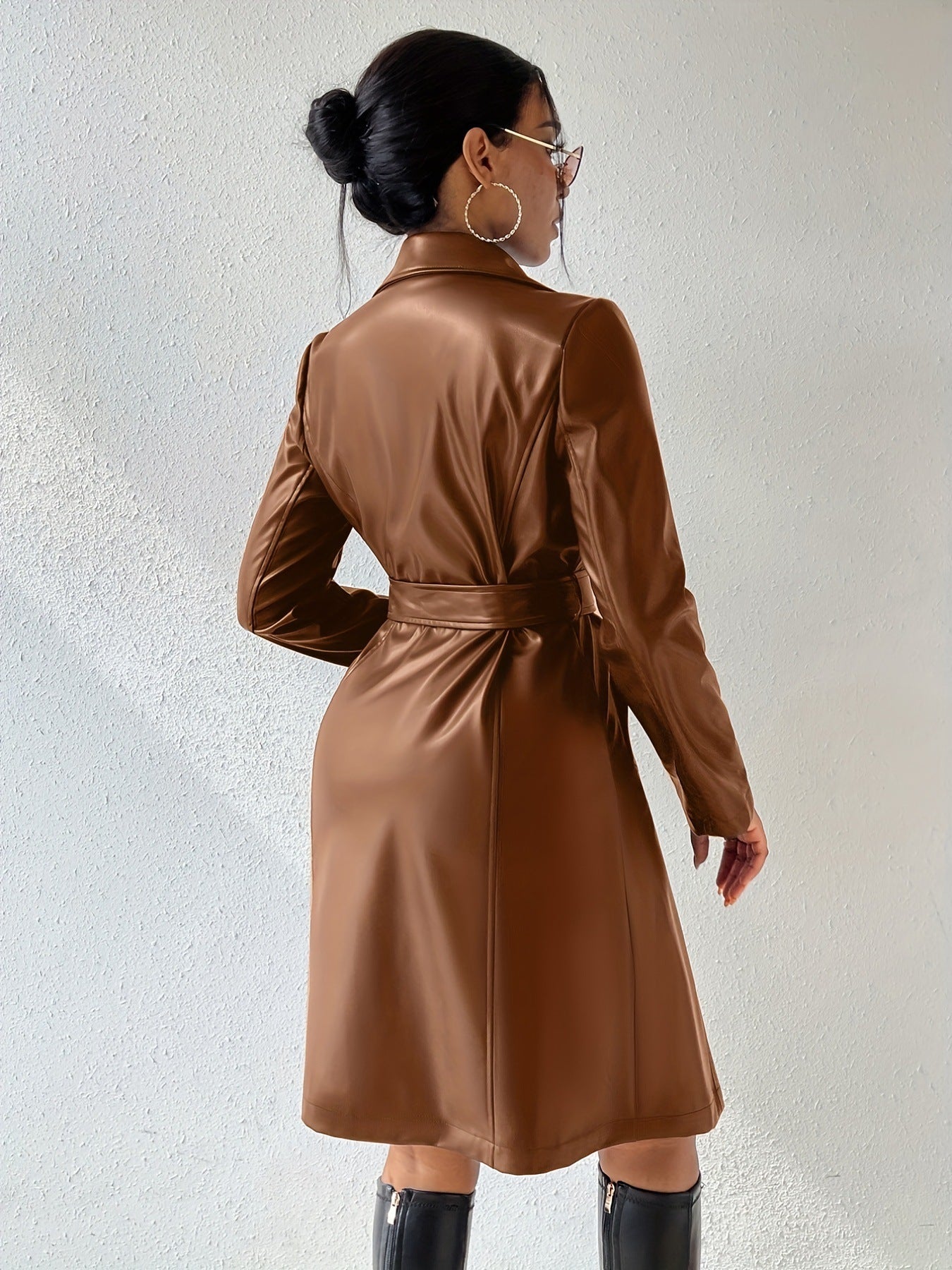 Long Sleeve Lapel PU Leather Jacket With Pockets Slim