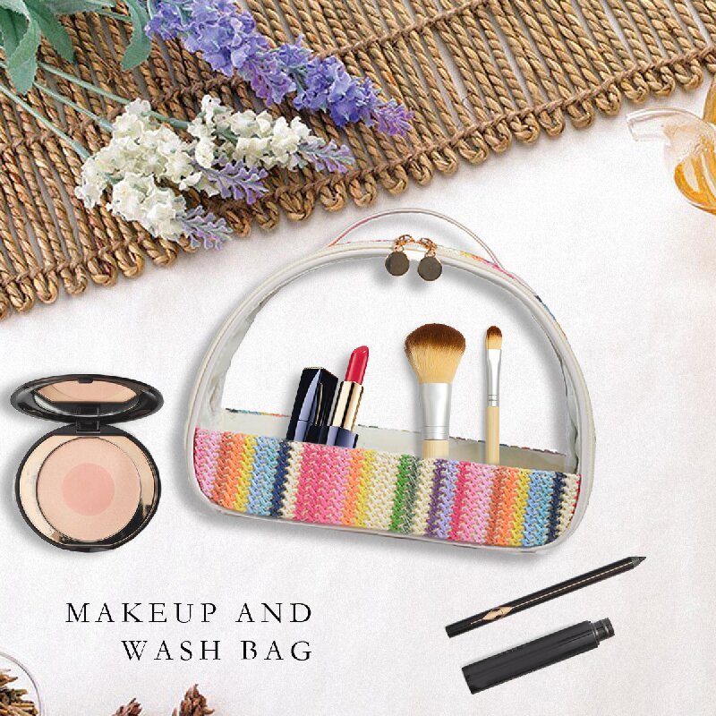 Straw Woven Transparent PVC Semicircle Cosmetic Bag Waterproof Rainbow Woven Toiletries Storage Bag