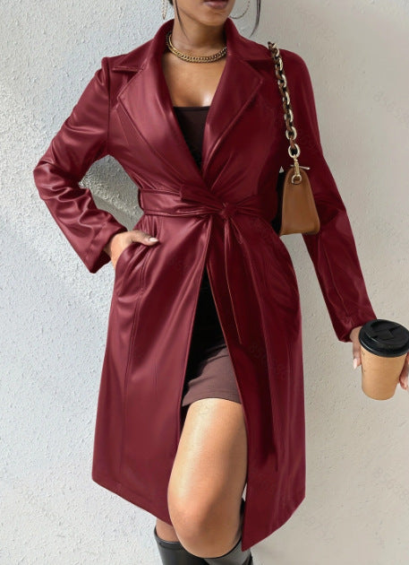 Long Sleeve Lapel PU Leather Jacket With Pockets Slim