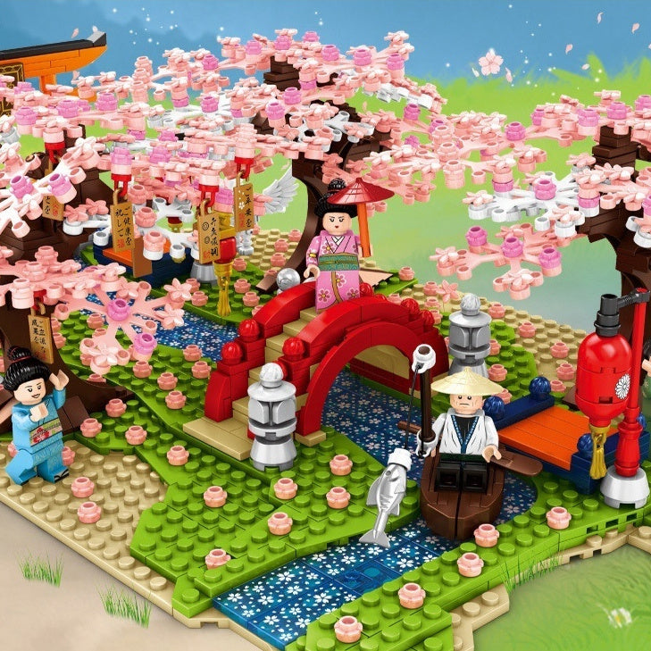 Street View Cherry Blossom Pavilion Building Model Decoration Small Particle Blocks