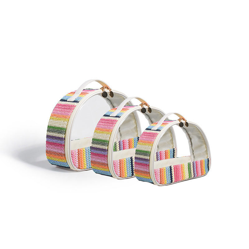 Straw Woven Transparent PVC Semicircle Cosmetic Bag Waterproof Rainbow Woven Toiletries Storage Bag
