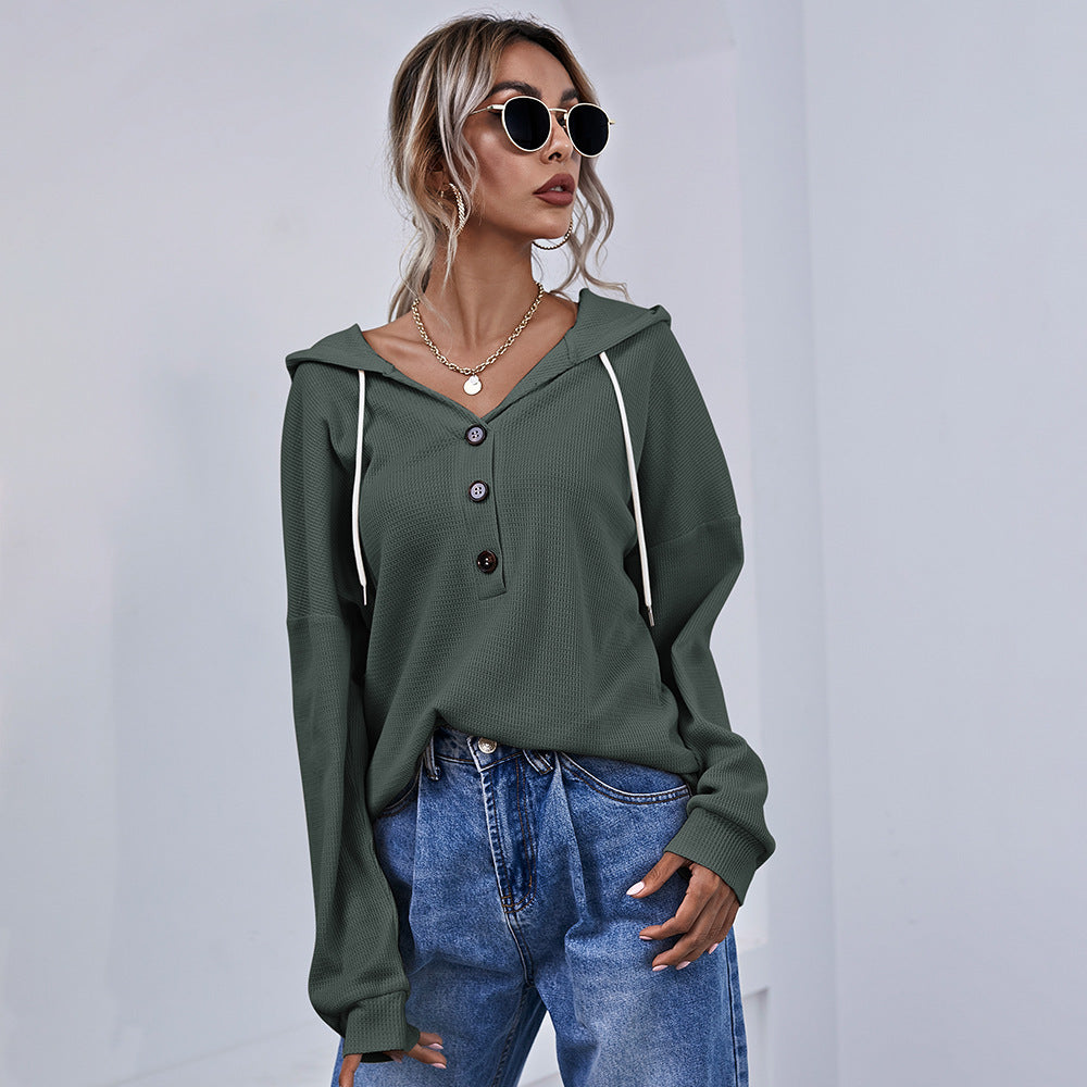 Women's Shirt Button Hooded Solid Color