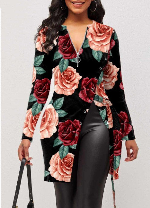 V-neck Long-sleeved High Slit T-shirt