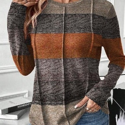 Round Neck Contrast Color Long Sleeve Casual And Comfortable T-shirt