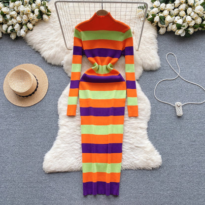 Knitted Dress Women's Mixed Color Stripe