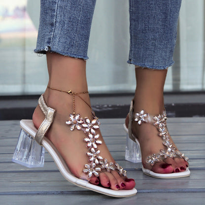 Flowers Sandals With Transparent High Square Heels Summer Square Toe Shoes For Women