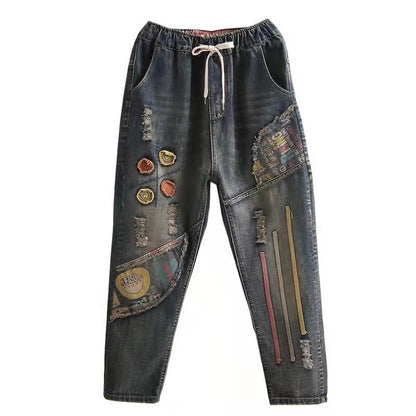 Ethnic Style Embroidered Retro Elastic Waist Jeans