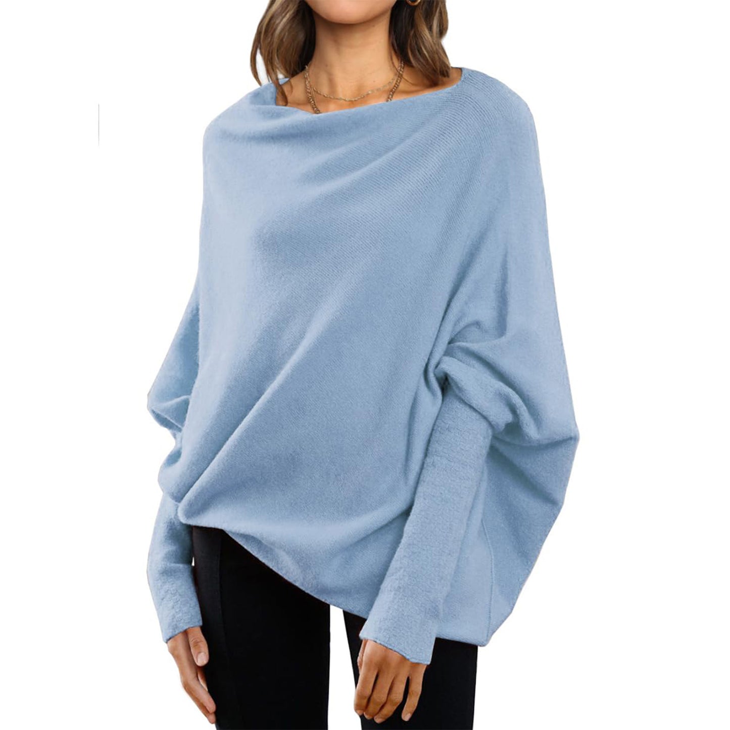 Loose Bat Sleeve Sweater Tops Simple Casual Fashion Versatile Solid Color Round Neck