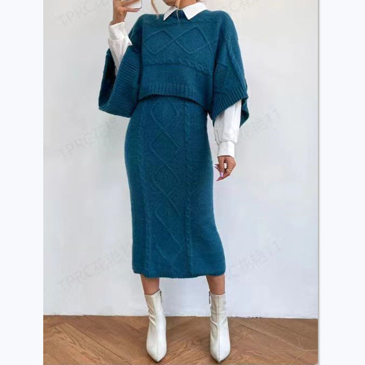 Women's Fashion Cable-knit Sweater Coat Wool Skirt