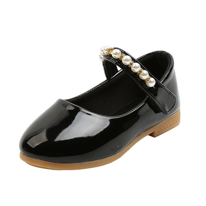 Girls' Leather Shoes Pearl Buckle Soft Bottom