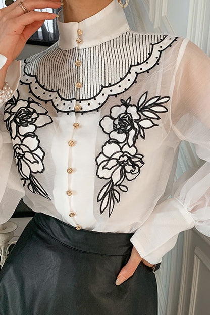 Women's Embroidered Flower Mesh Perspective Lantern Sleeve Shirt