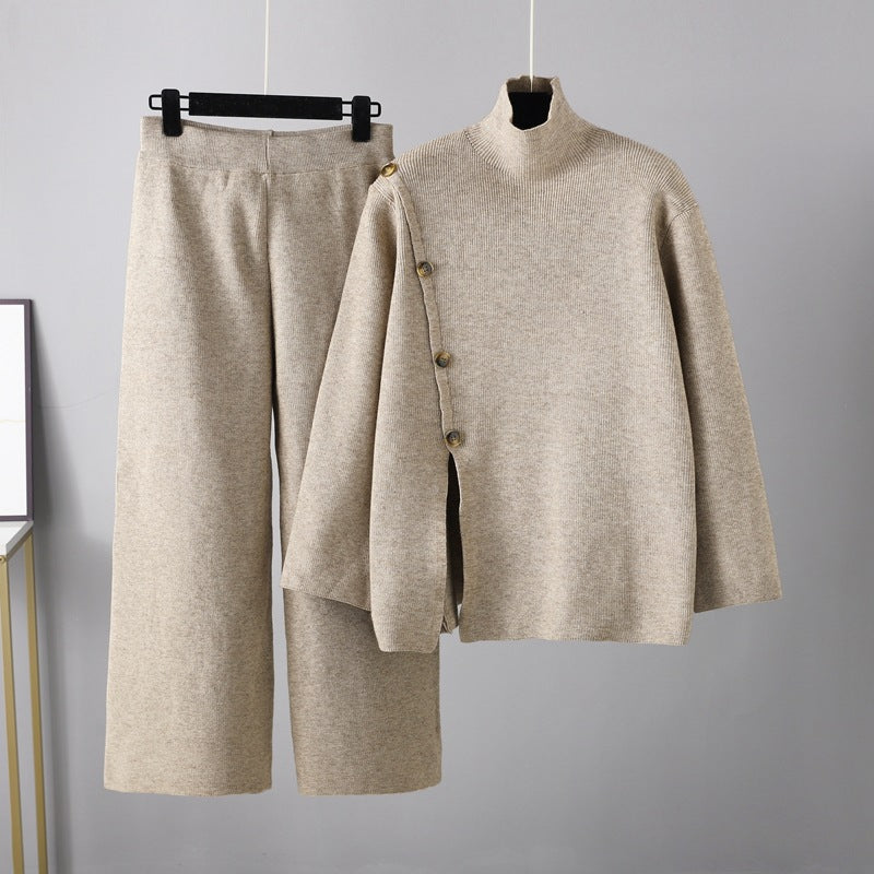 Niche Stand Collar Slit Knitted Turtleneck Sweater Wide Leg Pants Two-piece Set