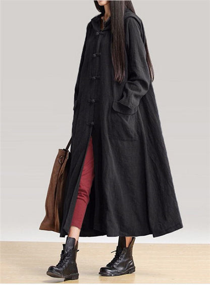 Vintage cotton linen hooded gown long dress dress windbreaker jacket
