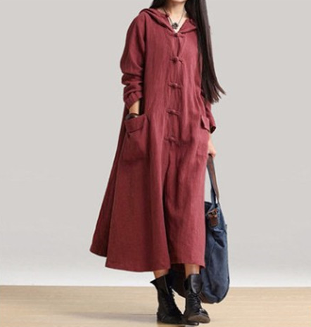 Vintage cotton linen hooded gown long dress dress windbreaker jacket