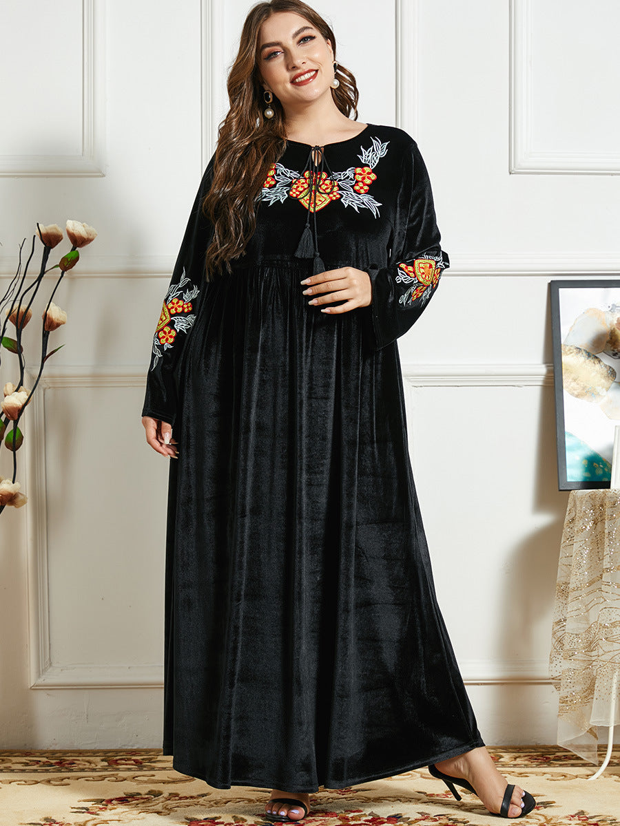 Gold Velvet Ethnic Embroidery Casual Comfortable Long Skirt