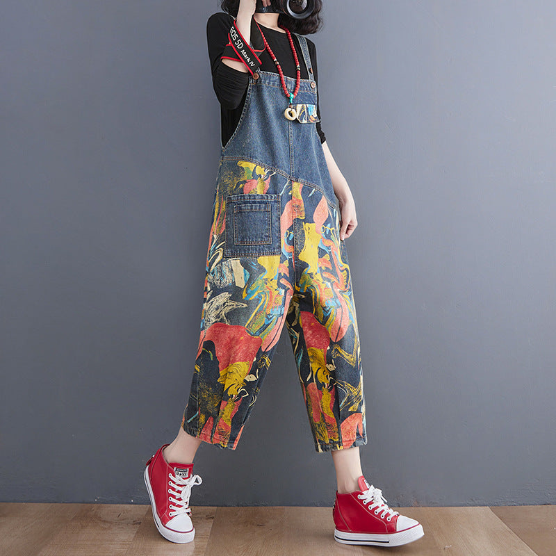 Lean Printed Jeans With Straps And Cropped Trousers For Women