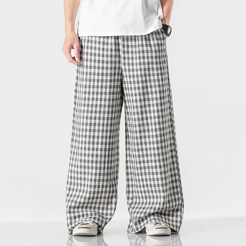 Summer Plus Size Chinese Style Cotton And Linen Plaid Baggy Pants