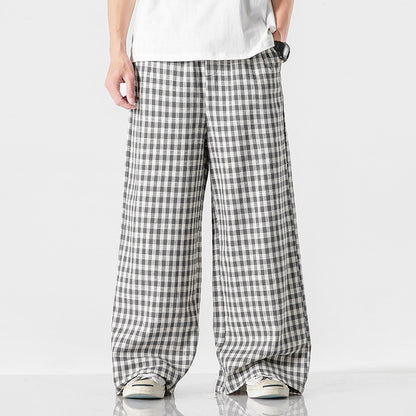Summer Plus Size Chinese Style Cotton And Linen Plaid Baggy Pants