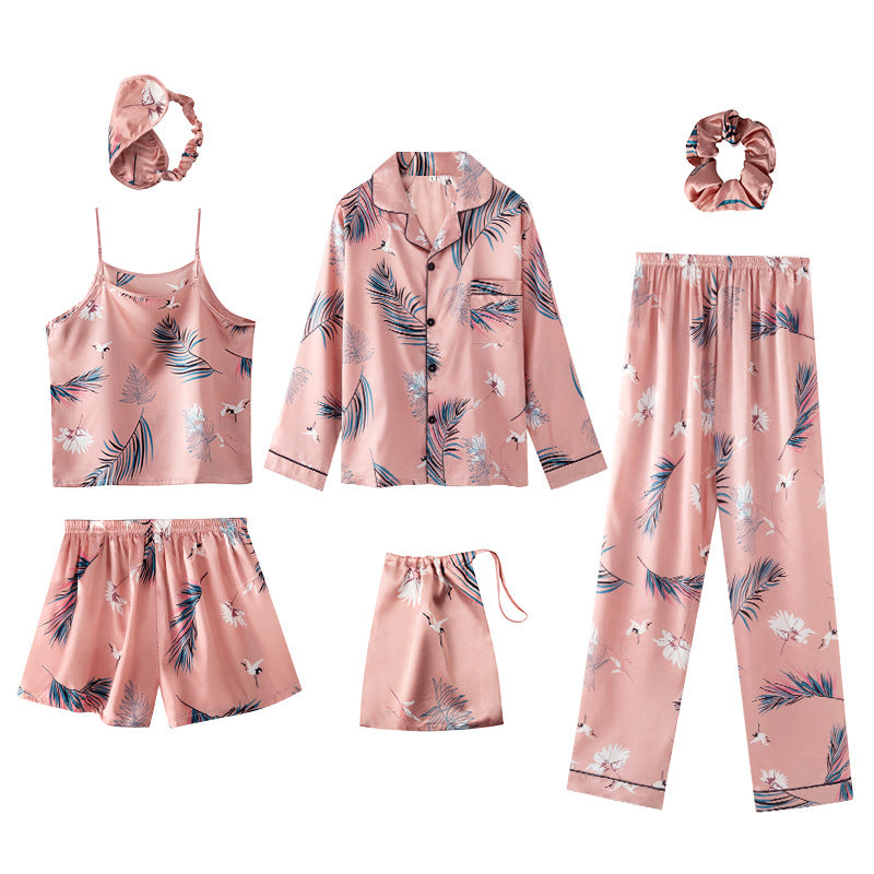 Seven-Piece Pajamas Simulation Silk Long-Sleeved Cardigan Spring And Autumn Set
