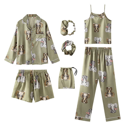 Seven-Piece Pajamas Simulation Silk Long-Sleeved Cardigan Spring And Autumn Set