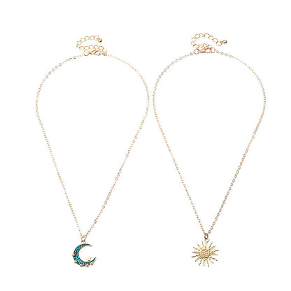 Sun Moon Necklace Blue Gold Stainless Steel Pendant Necklaces Jewelry