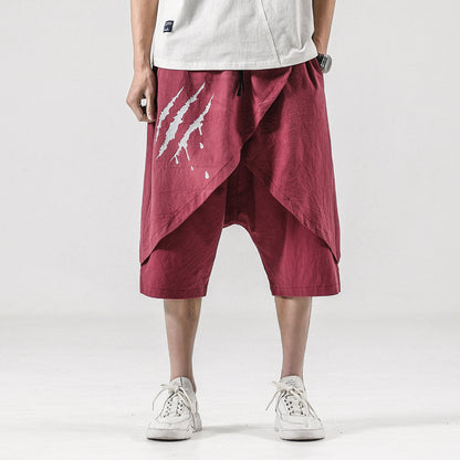 Summer Japanese Cotton Hemp Casual Pants Men's Loose Capris Printed Youth Leisure Urban Youth Outdoor Men's Pants