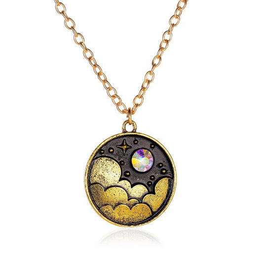 Creative Color Night Sky Necklace Art Retro Moon Clouds Years Clavicle Chain Personality Cartoon Geometric Round Pendant