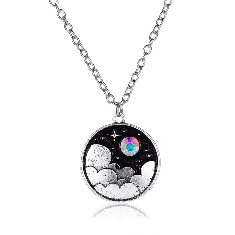 Creative Color Night Sky Necklace Art Retro Moon Clouds Years Clavicle Chain Personality Cartoon Geometric Round Pendant