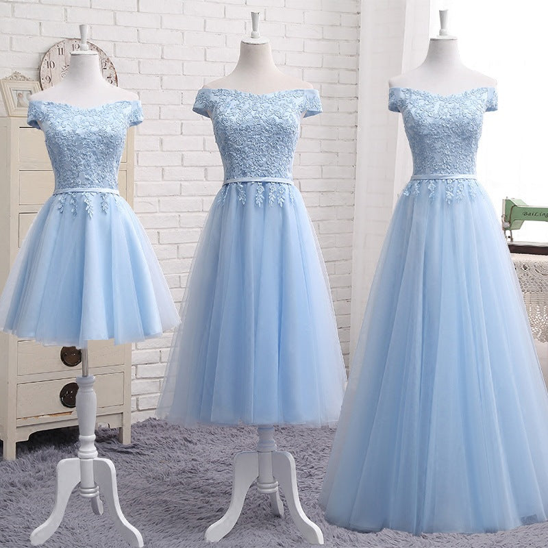 Long Blue Bridesmaid Sisters Dress One-shoulder Evening Dress