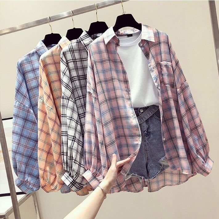 Women'S Loose Retro Sunscreen Plaid Shirt