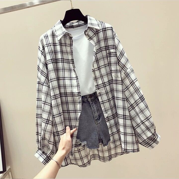 Women'S Loose Retro Sunscreen Plaid Shirt